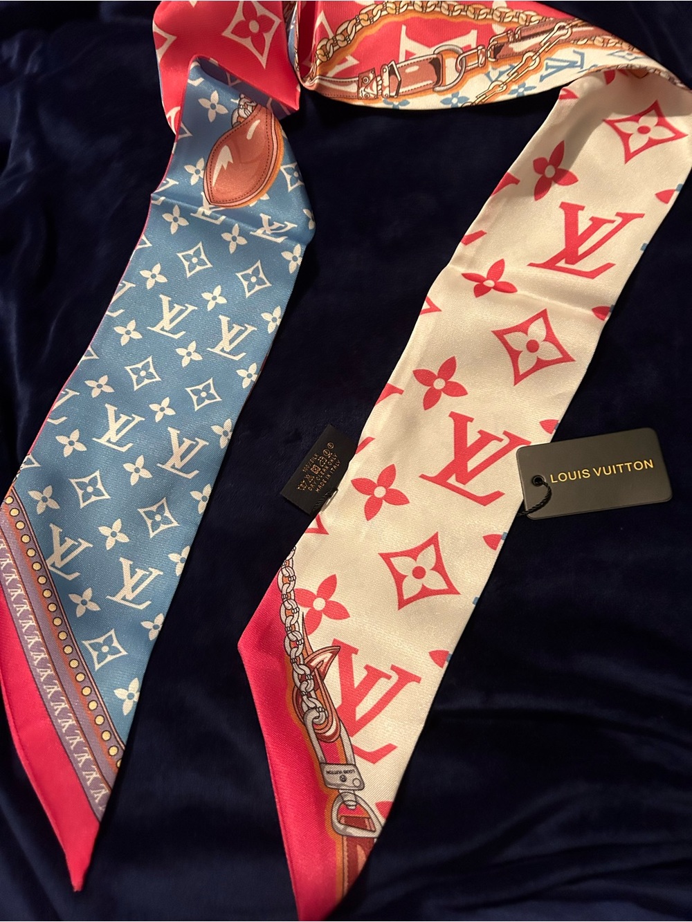 Louis Vuitton Pink & Blue Monogram 190% Silk Twilly Scarf absolutely stunning
